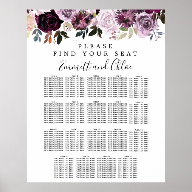 Large Purple Pink Floral 19-Table Seating Chart (Front)