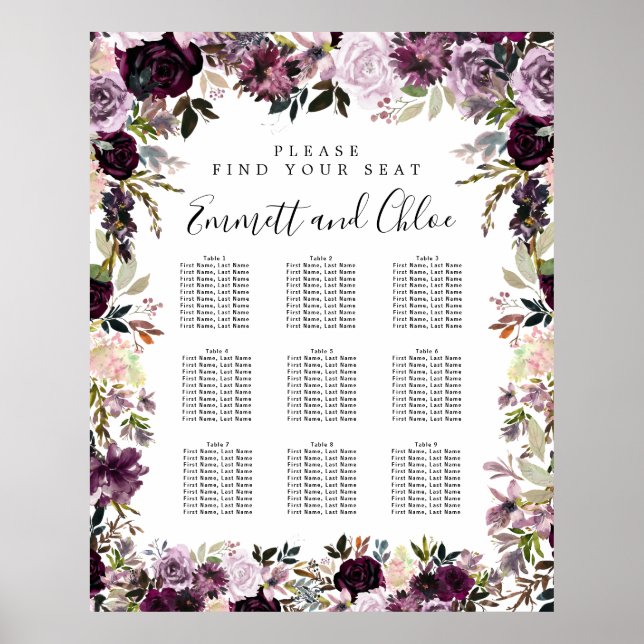 Large Purple Pink Floral 9-Table Seating Chart (Front)
