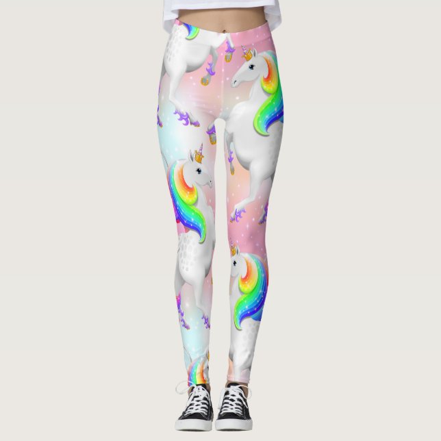 Large Rainbow Princess Unicorn on pink and blue Leggings (Front)