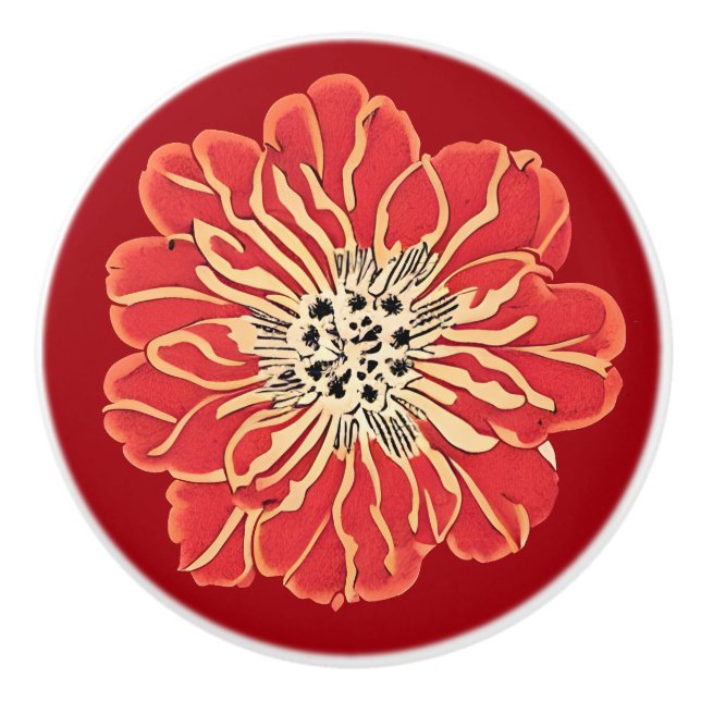 Large Red Art Nouveau Flower  Ceramic Knob (Front)