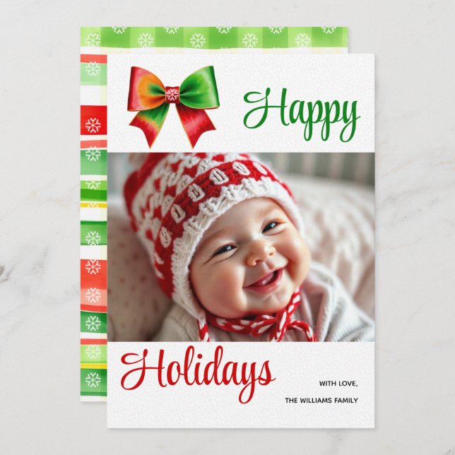 Large red, green bow and stripes Christmas photo Holiday Card (Front/Back)