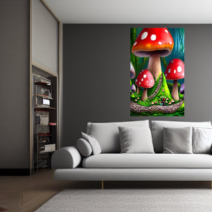 Large red mushroom forest AI Art Poster
