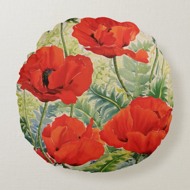 Large Red Poppies Round Cushion (Front)