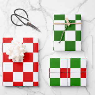 Large Retro Checkerboard Red and Green Christmas Wrapping Paper Sheet