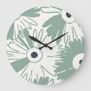 Large Retro Daisy Flower Power Muted Sage Green Clock