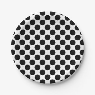 Large retro dots - black and white paper plate