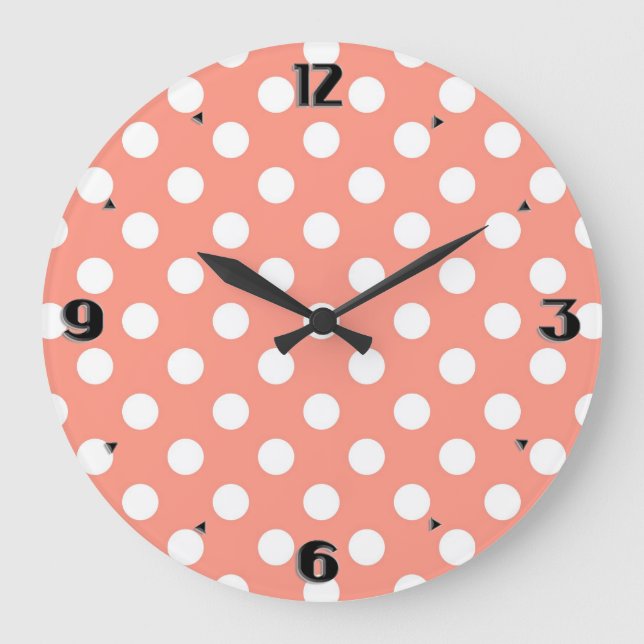 Large retro dots - coral pink and white clock (Front)