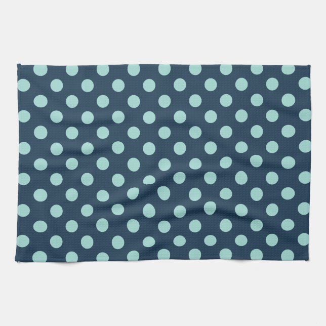 Large retro dots - light on dark denim blue tea towel (Horizontal)