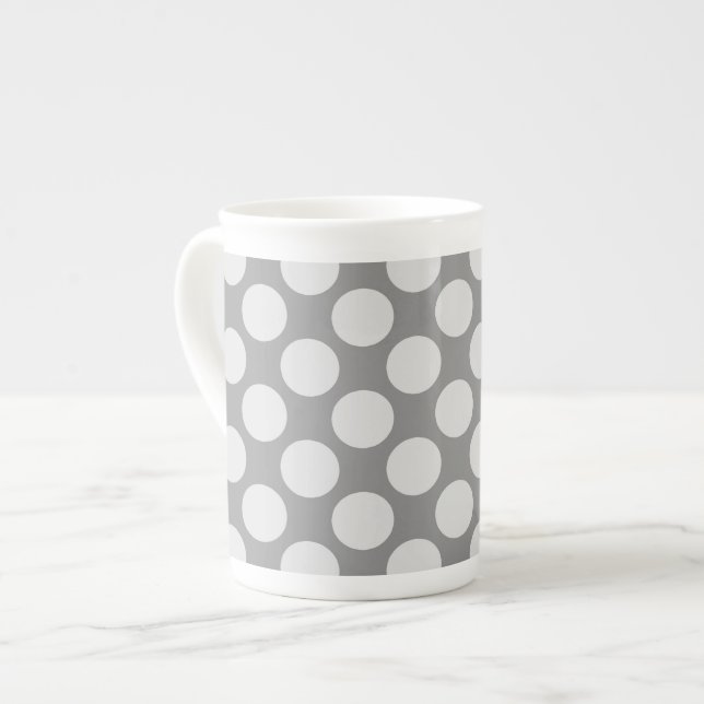 Large retro dots - shades of grey / grey bone china mug (Front Left)
