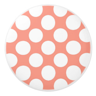 Large retro dots - white and coral pink ceramic knob