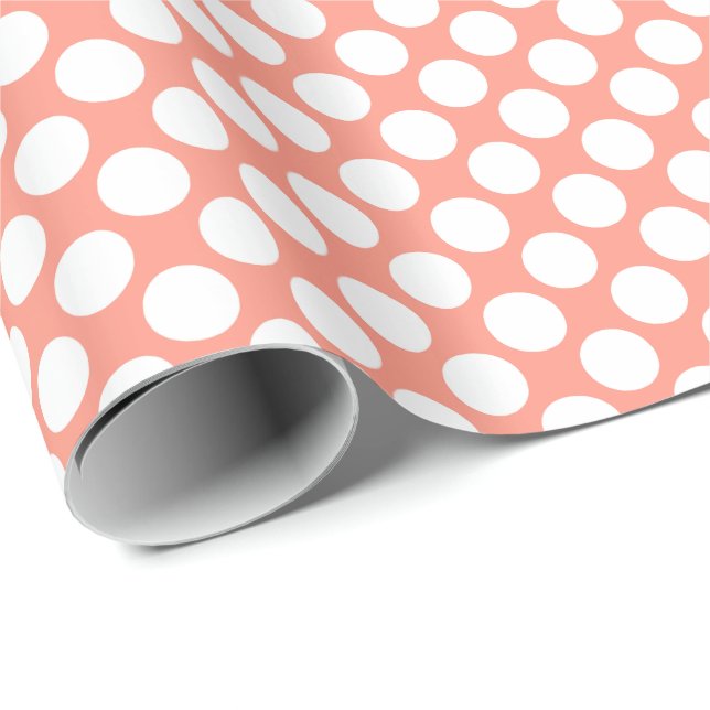 Large retro dots - white and coral pink wrapping paper (Roll Corner)