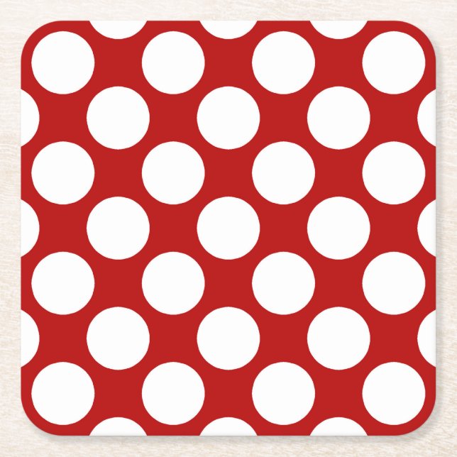 Large retro dots - white and red square paper coaster (Front)
