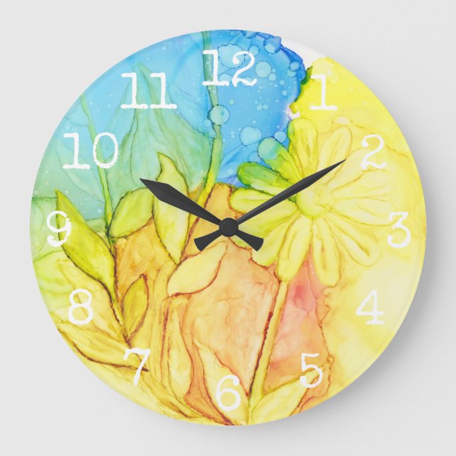 Large Round Clock "Flowers Ink 3" (Front)