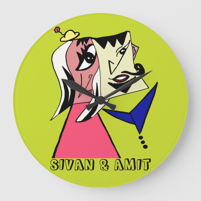 Large Round Personalised Couple Cartoon Clock (Front)