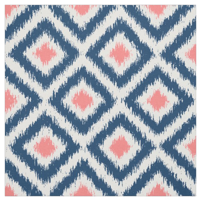 Large Scale Blue Coral Ikat Diamonds Pattern Fabric (Swatch)