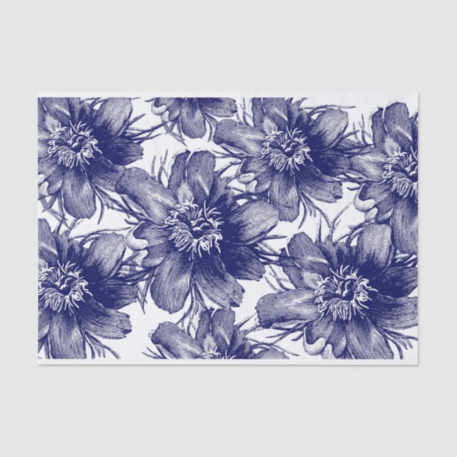 large scale blue flower line art decoupage tissue paper (Front)