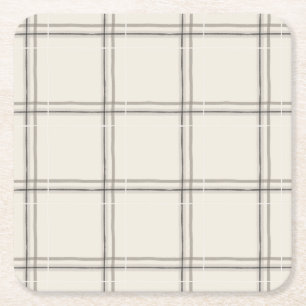 Large Scale Charcoal Windowpane Plaid Pattern Square Paper Coaster