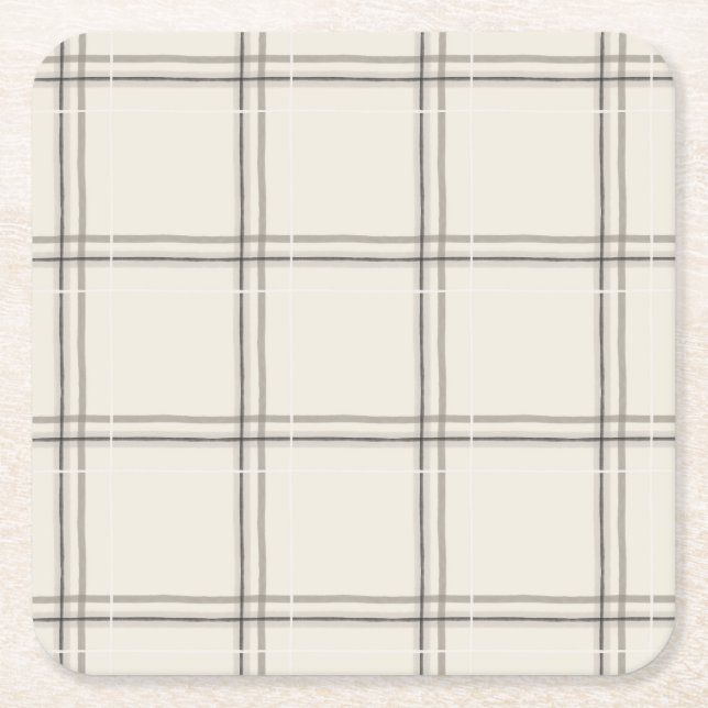 Large Scale Charcoal Windowpane Plaid Pattern Square Paper Coaster (Front)