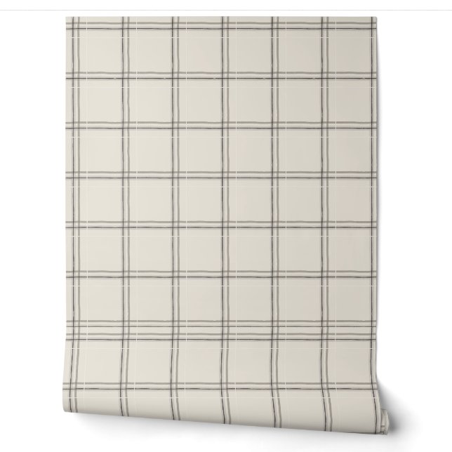 Large Scale Charcoal Windowpane Plaid Pattern Wallpaper (Unrolling)