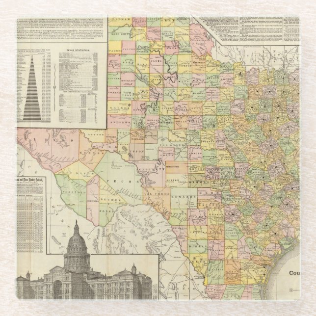 Large Scale County and Railroad Map Of Texas Glass Coaster (Front)
