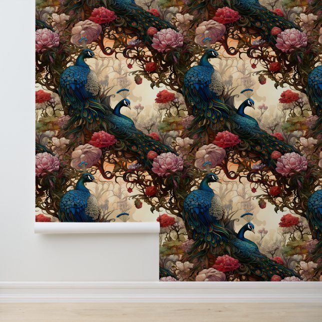 Large Scale Elegant Victorian Boho Peacock  Wallpaper (Application)
