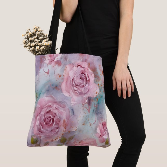 Large Scale Pink and Gold Roses Tote Bag (Close Up)