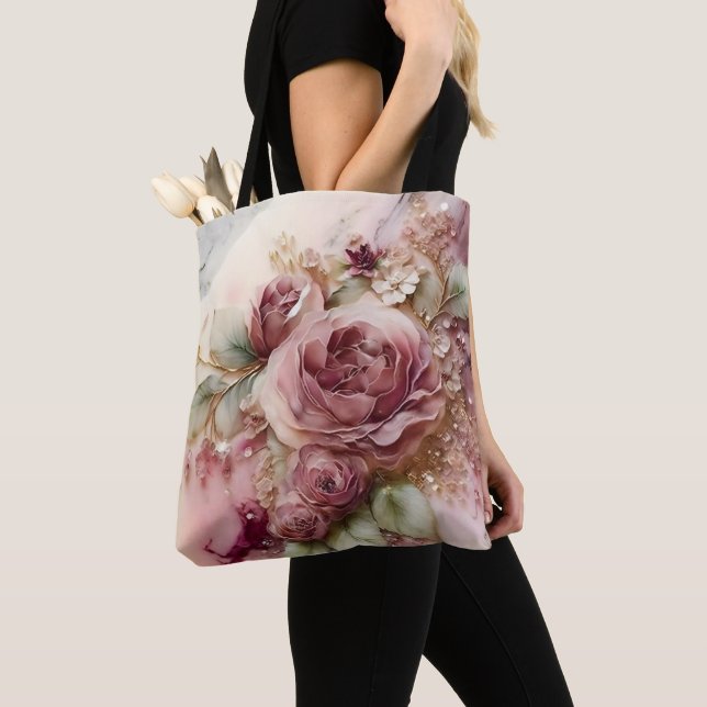 Large Scale Pink and Gold Roses Tote Bag (Close Up)