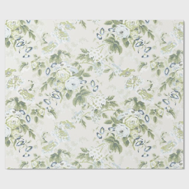 Large Scale Sage Chintz, Cabbage Rose Wrapping Paper (Flat)