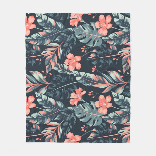 Large-scale tropical florals and leaves fleece blanket (Front)