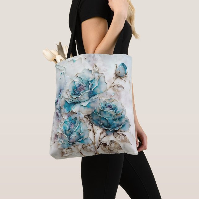 Large Scale Turquoise and Gold Roses Tote Bag (Close Up)
