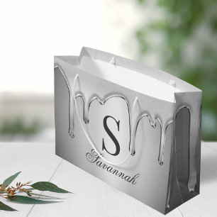 Large Silver Chrome Drips Liquid Metal Monogram Gift Bag