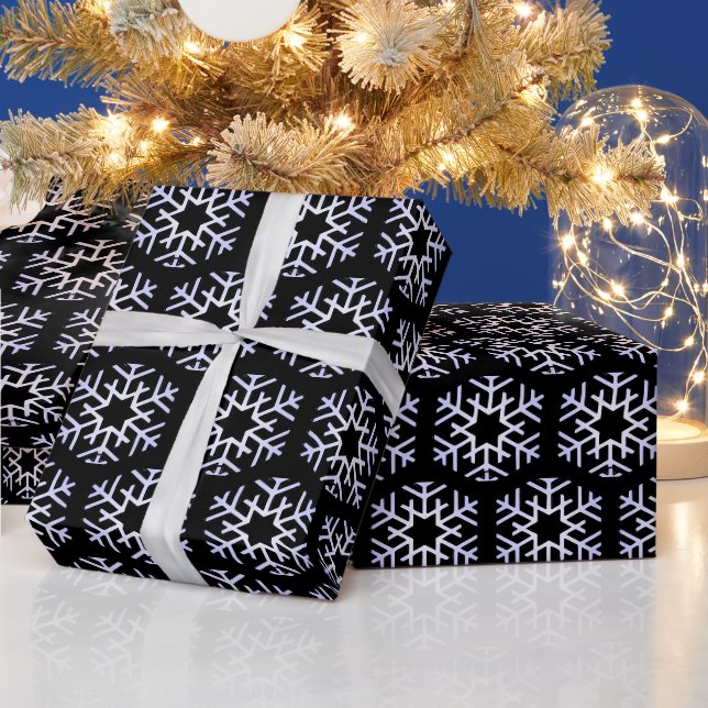 Large Silver Snowflakes on Black Wrapping Paper (Holidays)
