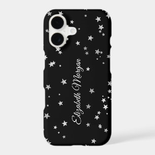 Large Silver Stars on Black, White Script Name
