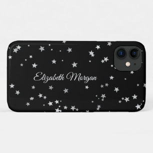 Large Silver Stars on Black, White Script Name Case-Mate iPhone Case