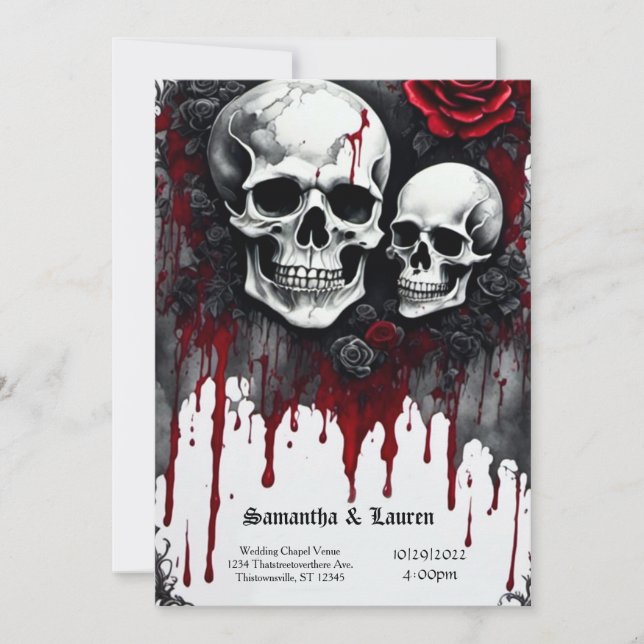 Large Skulls and Roses Goth Wedding Invitation (Front)