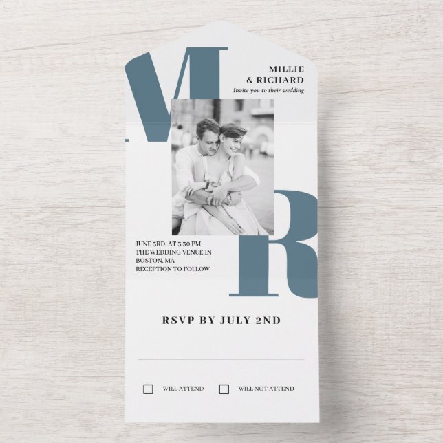Large Slate Blue Initials Typography Photo Wedding All In One Invitation (Inside)