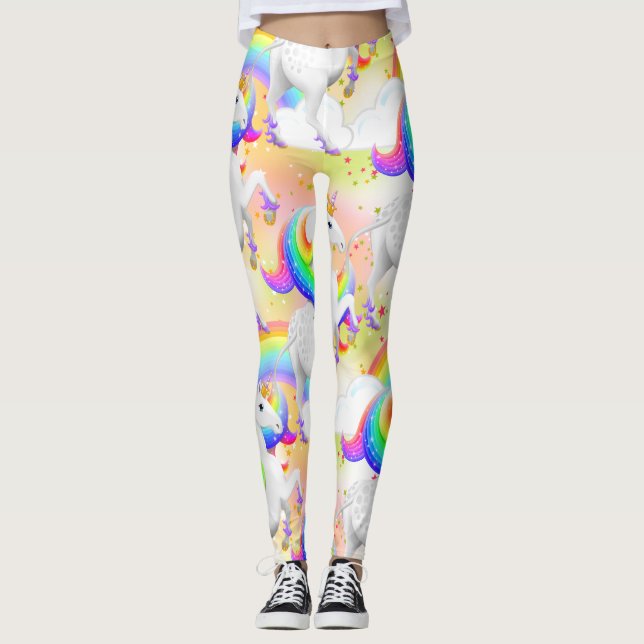 Large Stars Rainbow Unicorn Princess of the Forest Leggings (Front)