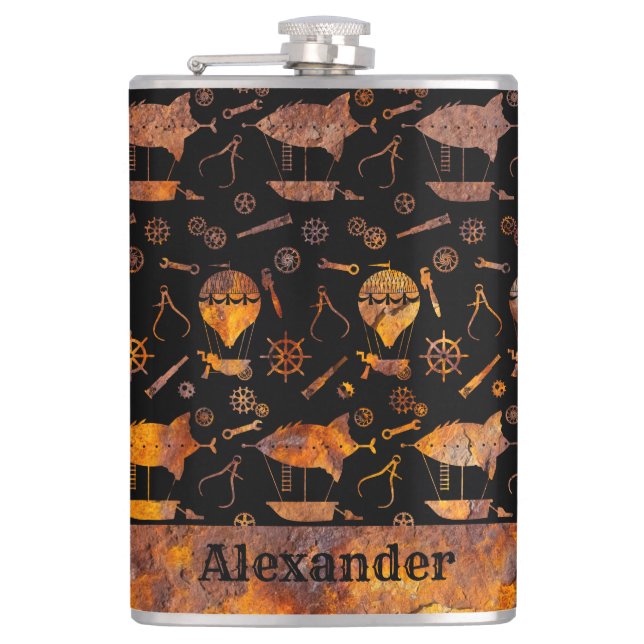 Large Steampunk Colourful Rusty Airship Theme Hip Flask (Front)