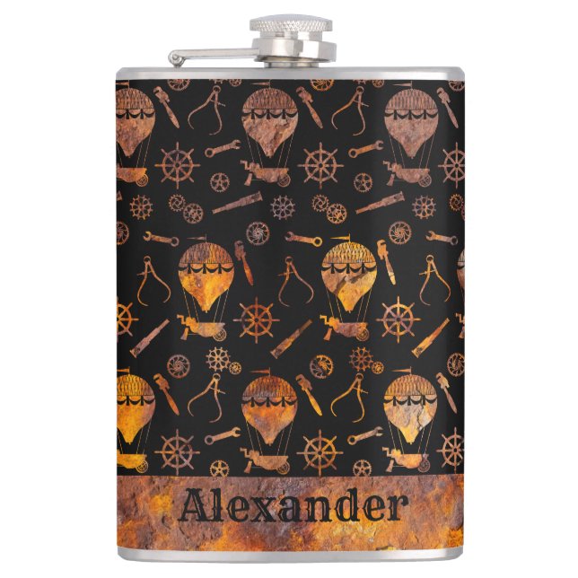 Large Steampunk Colourful Rusty Balloons Theme Hip Flask (Front)