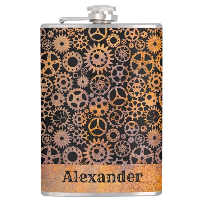 Large Steampunk Rusty Gears Custom Name Hip Flask (Front)