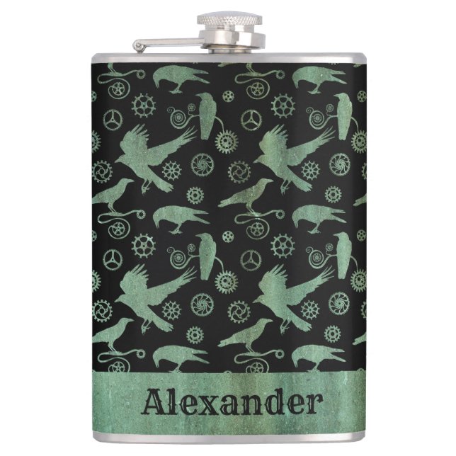 Large Steampunk Verdigris Gears and Crows Custom Hip Flask (Front)