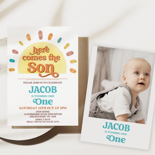 Large Sun Here Comes The Sun 1st Birthday Party Invitation (Here comes the sun first birthday invitation, Sun 1st birthday invitation, Retro, Sunshine birthday)