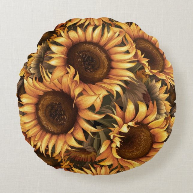 Large Sunflower Flowers Pattern Round Cushion (Front)