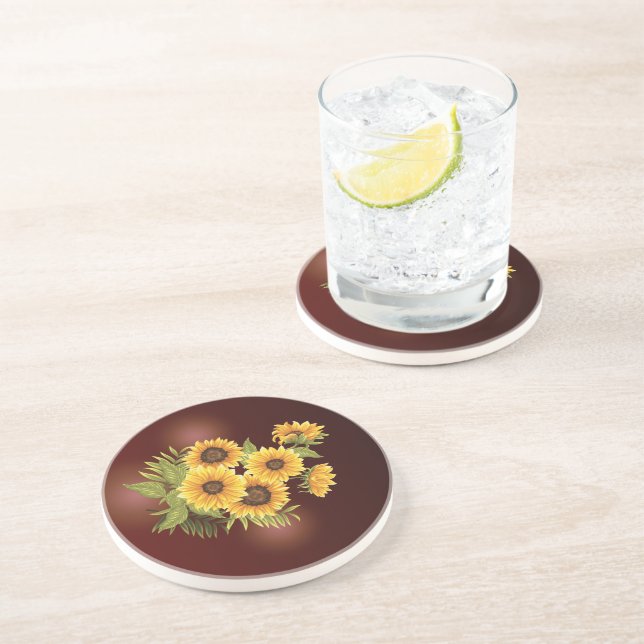 Large Sunflowers Painted Rustic Vintage Sandstone Coaster (Side)