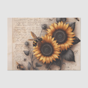 Large Sunflowers with Bees on Script Tissue Paper