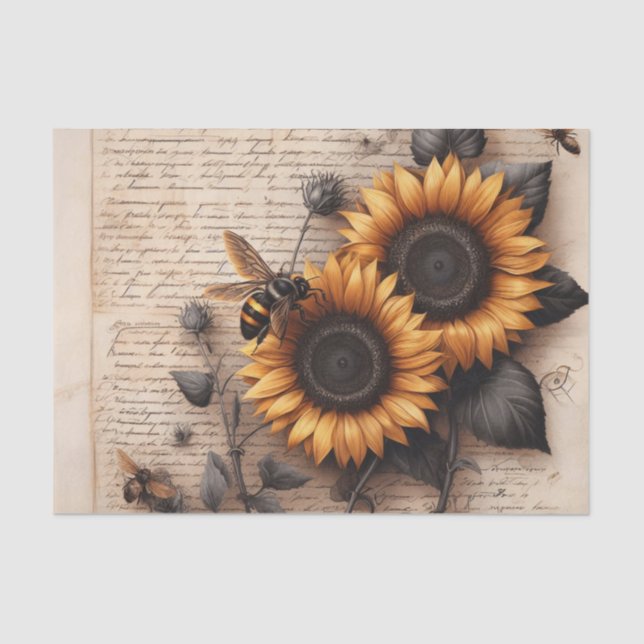 Large Sunflowers with Bees on Script Tissue Paper (Front)
