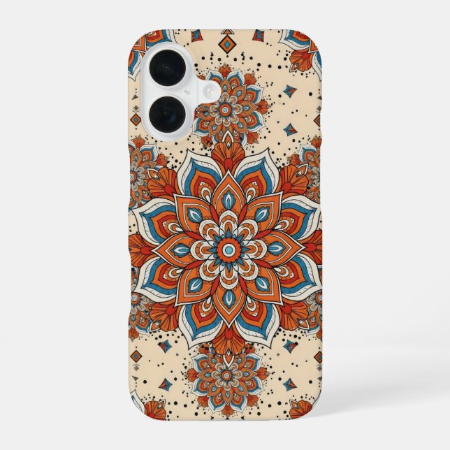 large, symmetrical mandala design iPhone 16 case (Back)
