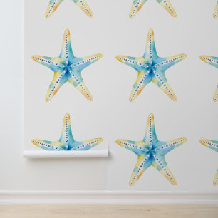 Large Tan and Blue Coastal Starfish Seaside Wallpaper