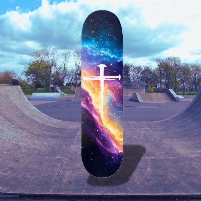 Large Three Nails Cross Purple Galaxy Christian Skateboard (Large Three Nails Cross Purple Galaxy Christian Skateboard)