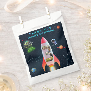 Large Three with Photos   3rd Birthday Rocket Spac Favour Bags